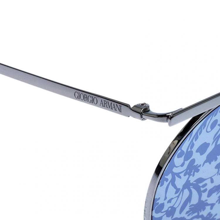 Pre Owned Giorgio Armani Gunmetal Tone/ Silver and Blue Flower Pad Print AR 6069 Round Sunglasses