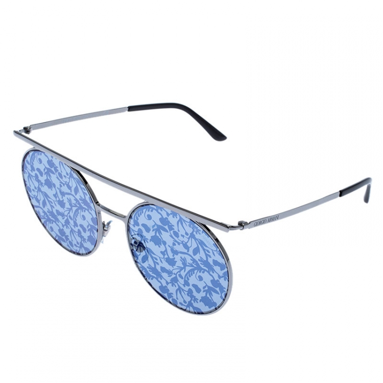 Pre Owned Giorgio Armani Gunmetal Tone/ Silver and Blue Flower Pad Print AR 6069 Round Sunglasses