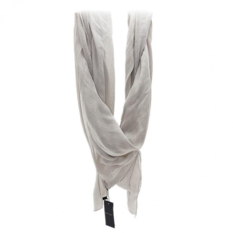 Pre Owned Giorgio Armani Beige Striped Logo Printed Silk Blend Scarf