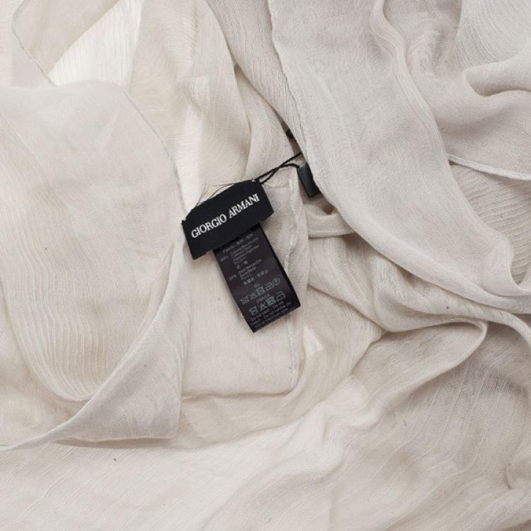 Pre Owned Giorgio Armani Beige Striped Logo Printed Silk Blend Scarf