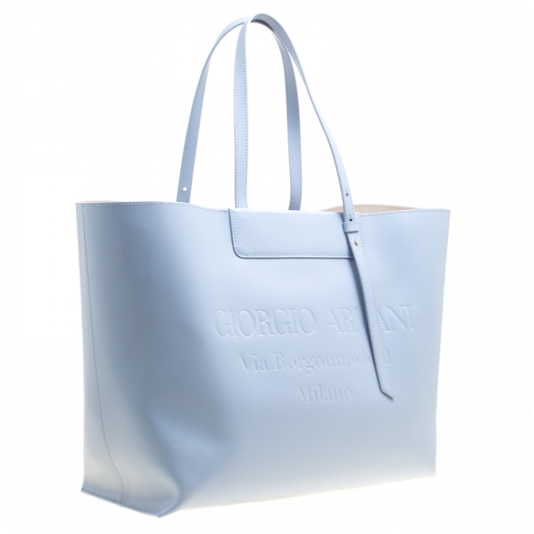 Pre Owned Giorgio Armani Pale Blue Leather Shopper Tote