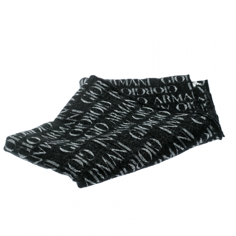 Pre Owned Giorgio Armani Black Logo Pattern Wool and Modal Jacquard Fringed Edge Scarf