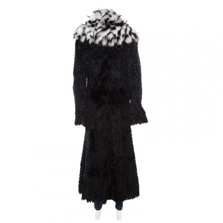Pre Owned Giorgio Armani Black Sheared Mink Contrast Fox Collar Long Coat L