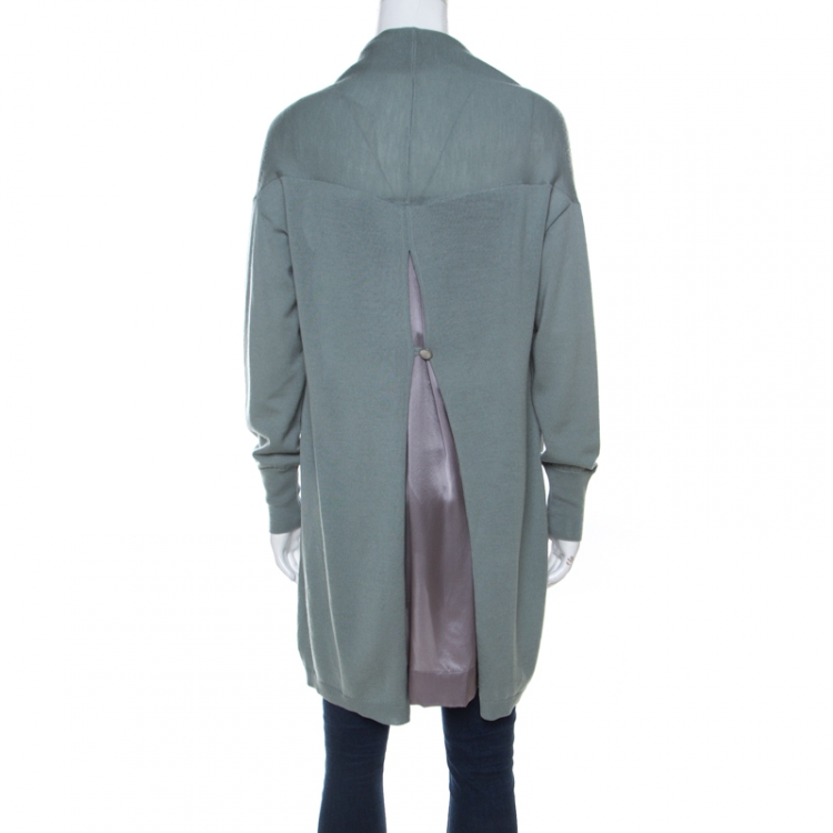 Pre Owned Giorgio Armani Sage Green Wool and Silk Pleated Yoke Detail Cardigan M 