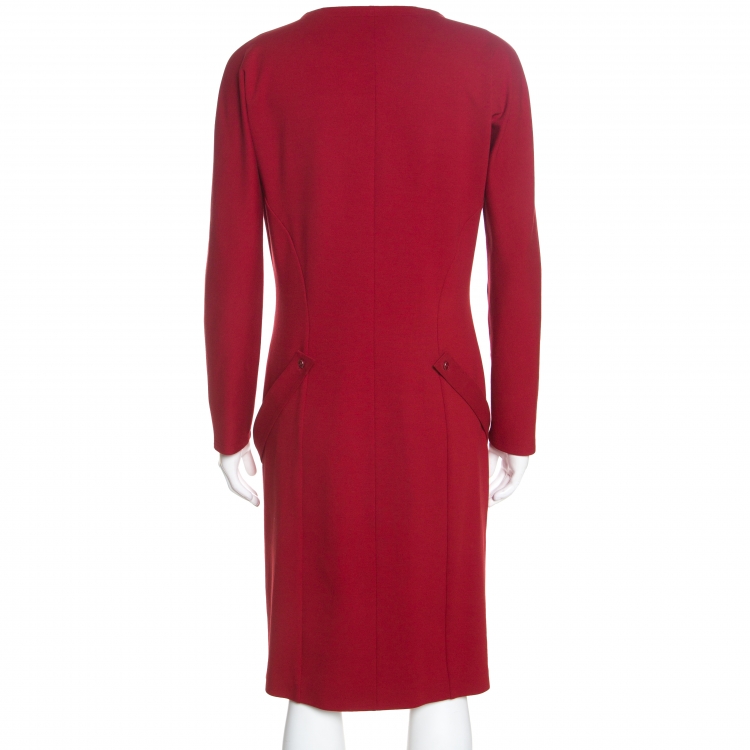 Pre Owned Giorgio Armani Red Stretch Knit Belt Detail Dress M