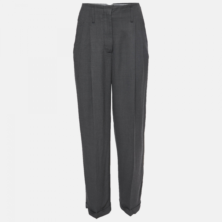 Pre Owned Giorgio Armani Grey Herringbone Wool Blend High Waist Wide Leg Trousers S / Waist: 27"