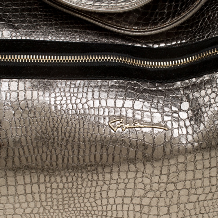 Pre Owned Giorgio Armani Metallic Silver Exotic Embossed Leather Hobo