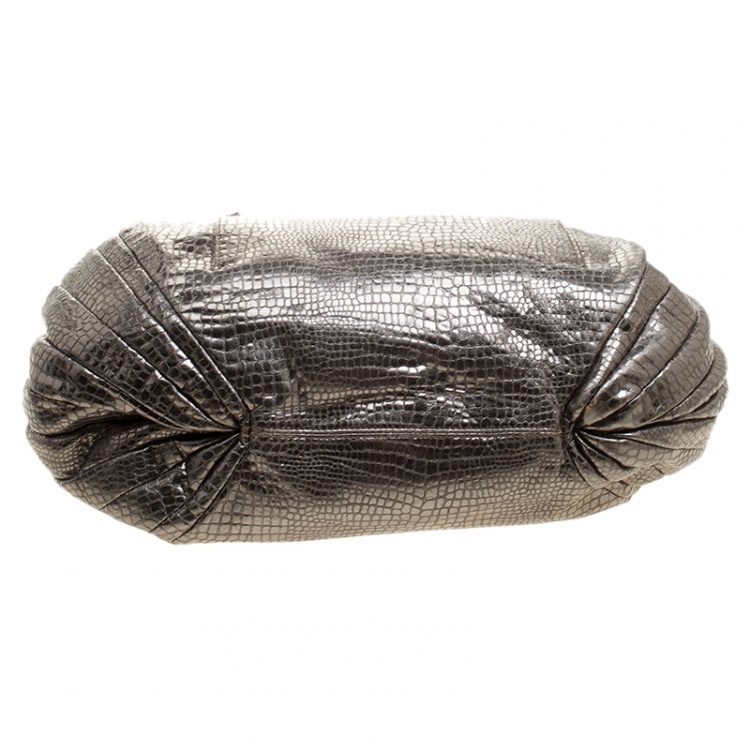Pre Owned Giorgio Armani Metallic Silver Exotic Embossed Leather Hobo