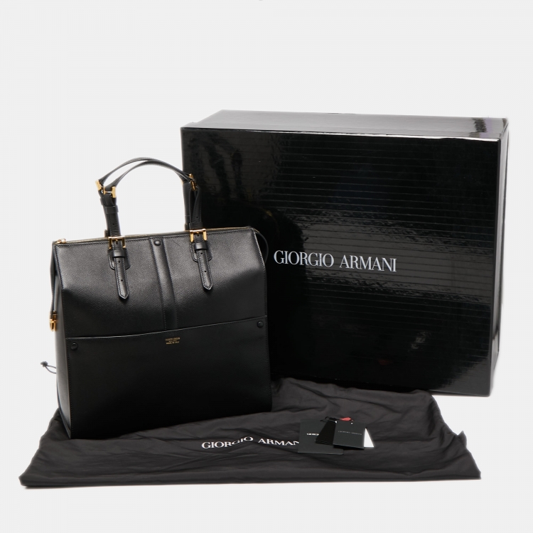 Pre Owned Giorgio Armani Black Leather Borgonuovo Tote