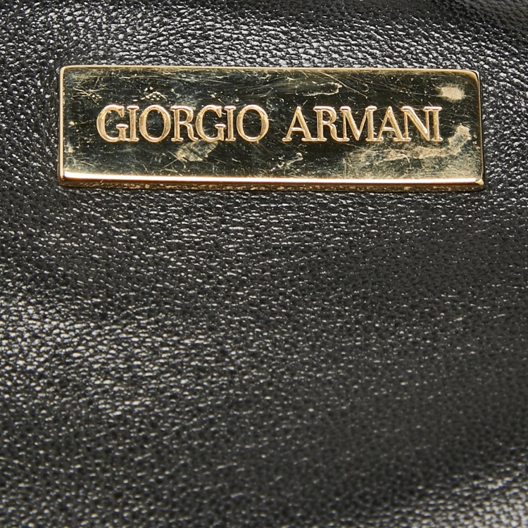Pre Owned Giorgio Armani Black Monogram Mesh and Leather Fringe Bucket Bag 