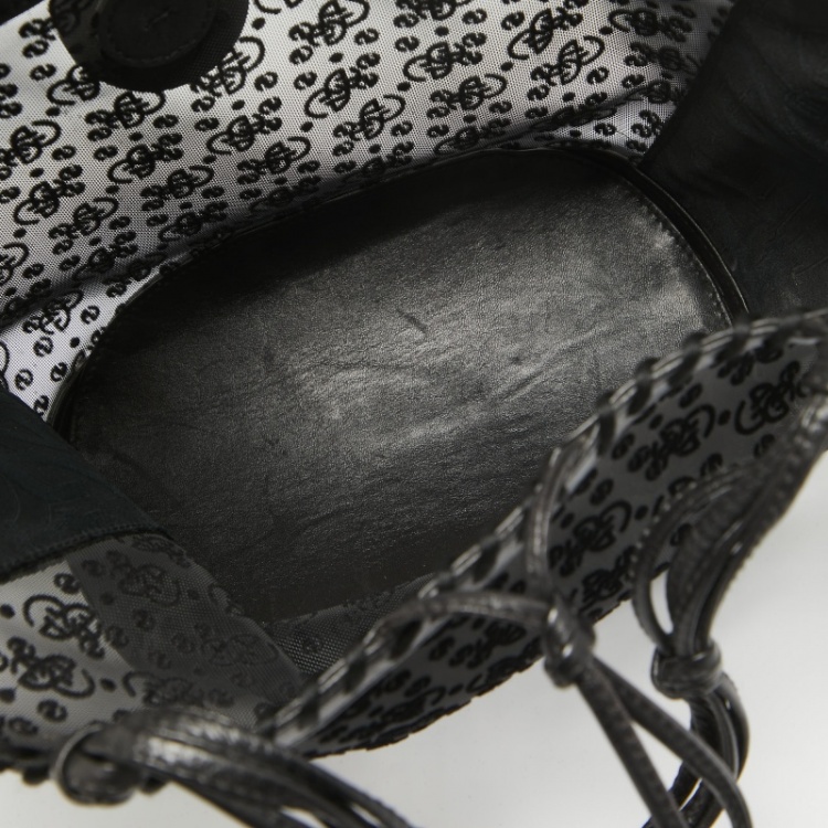 Pre Owned Giorgio Armani Black Monogram Mesh and Leather Fringe Bucket Bag 