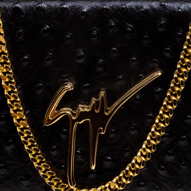 Pre Owned Giuseppe Zanotti Black Ostrich Embossed Leather Crossbody Bag