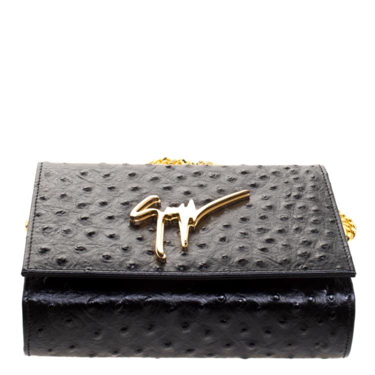 Pre Owned Giuseppe Zanotti Black Ostrich Embossed Leather Crossbody Bag