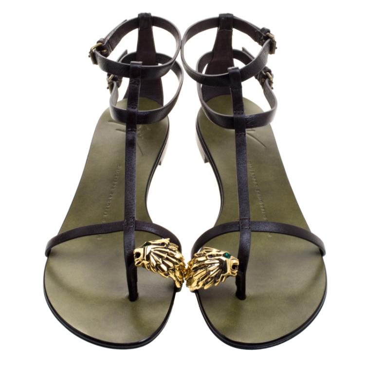 Pre Owned Giuseppe Zanotti Brown Leather Leo Gladiator Flat Sandals Size 37.5