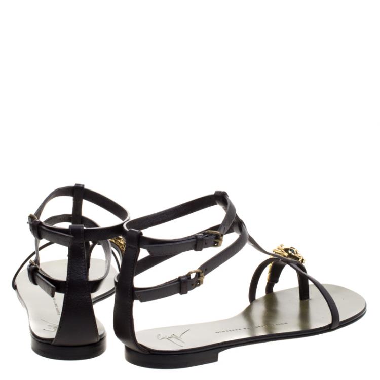Pre Owned Giuseppe Zanotti Brown Leather Leo Gladiator Flat Sandals Size 37.5
