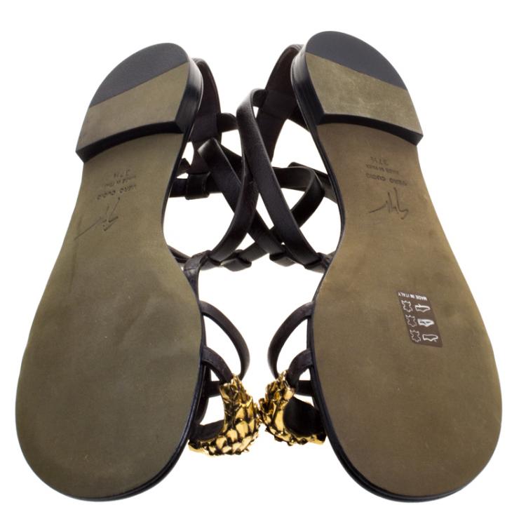 Pre Owned Giuseppe Zanotti Brown Leather Leo Gladiator Flat Sandals Size 37.5