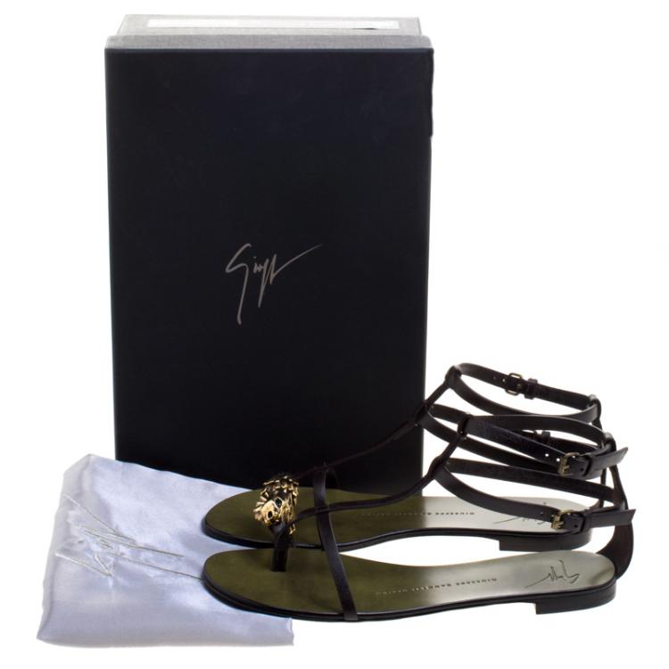 Pre Owned Giuseppe Zanotti Brown Leather Leo Gladiator Flat Sandals Size 37.5