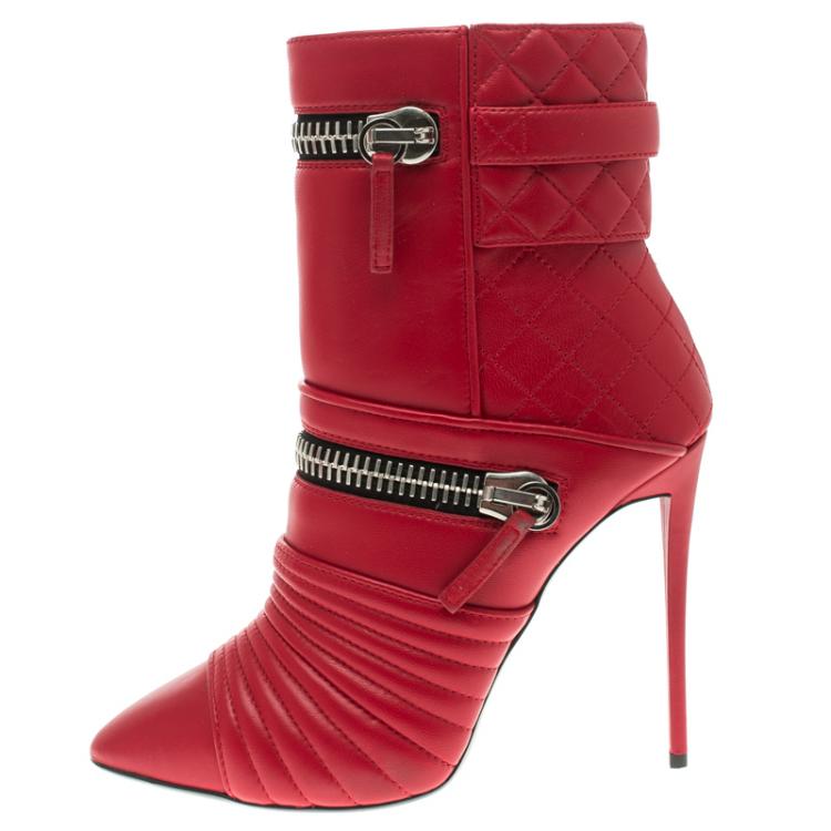 Pre Owned Giuseppe Zanotti Red Quilted Leather Double Zip Accent Boots Size 38.5