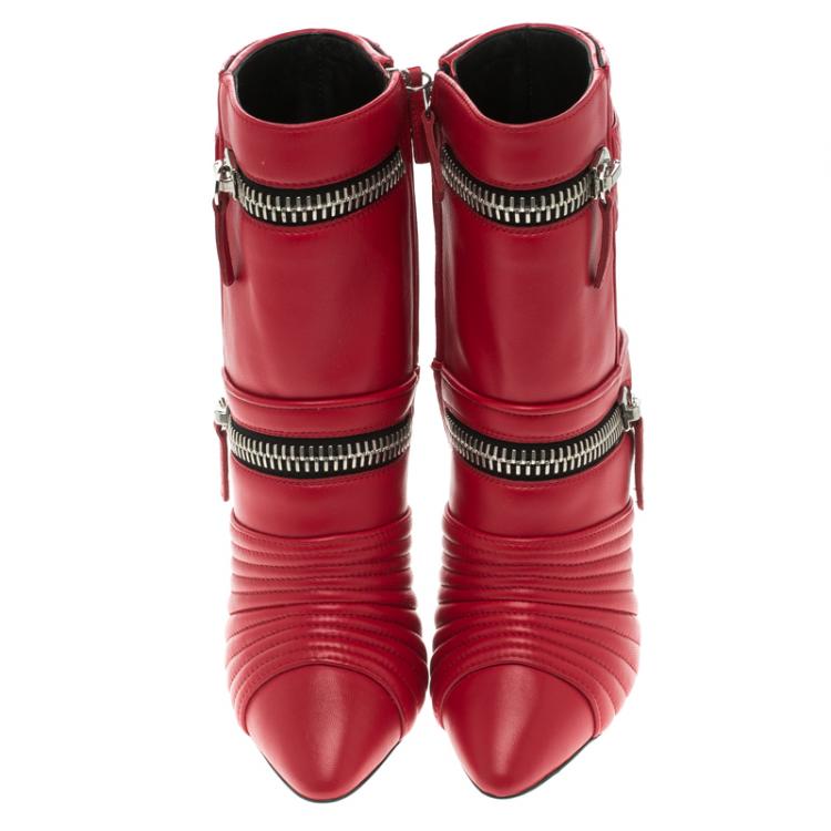 Pre Owned Giuseppe Zanotti Red Quilted Leather Double Zip Accent Boots Size 38.5