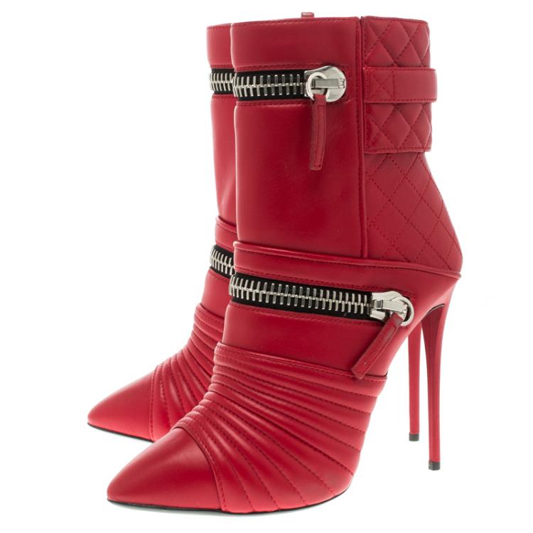 Pre Owned Giuseppe Zanotti Red Quilted Leather Double Zip Accent Boots Size 38.5
