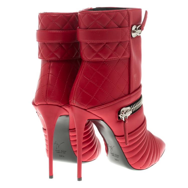 Pre Owned Giuseppe Zanotti Red Quilted Leather Double Zip Accent Boots Size 38.5