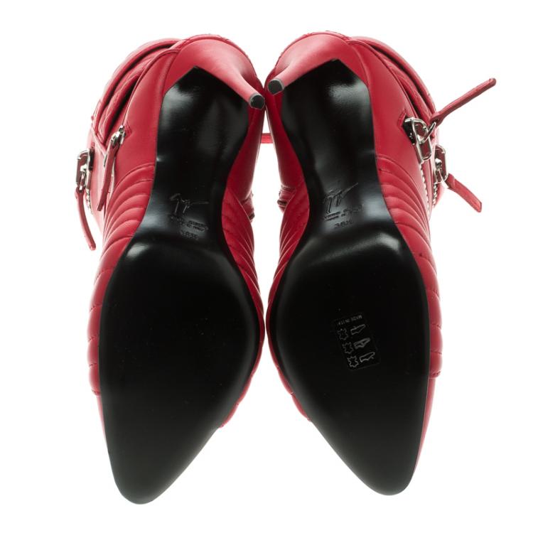 Pre Owned Giuseppe Zanotti Red Quilted Leather Double Zip Accent Boots Size 38.5