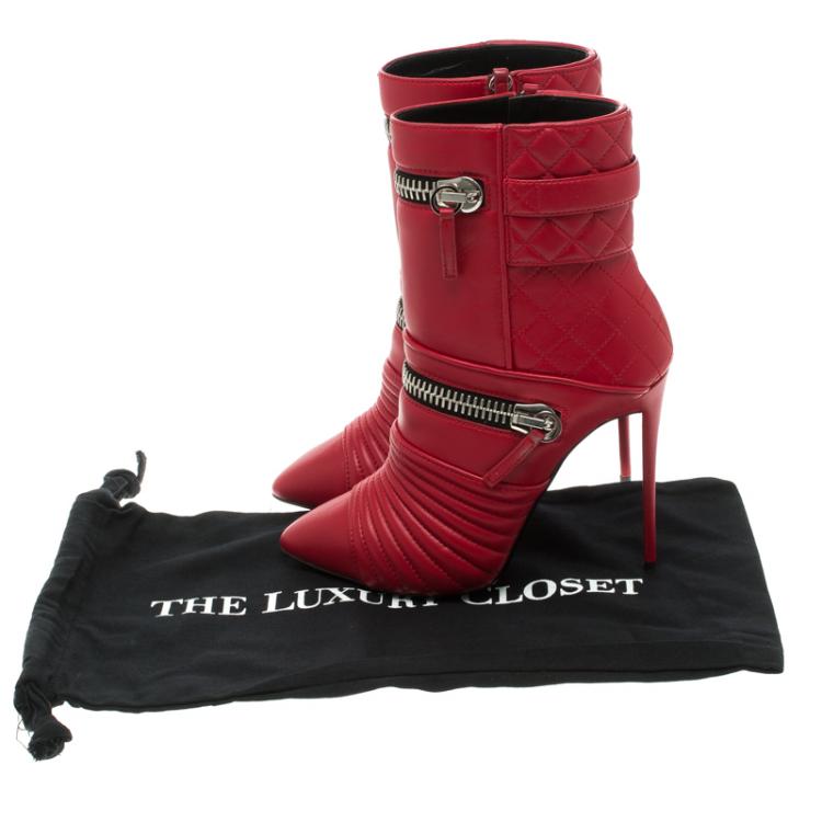 Pre Owned Giuseppe Zanotti Red Quilted Leather Double Zip Accent Boots Size 38.5