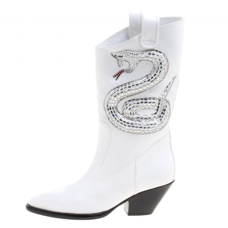 Pre Owned Giuseppe Zanotti White Snake Embellished Leather Guns 55 Cowboy Boots Size 36