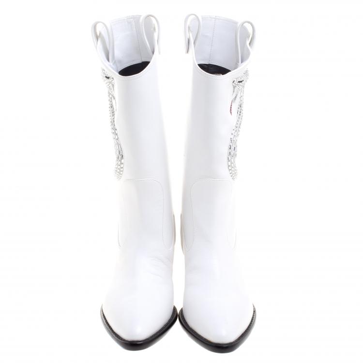 Pre Owned Giuseppe Zanotti White Snake Embellished Leather Guns 55 Cowboy Boots Size 36