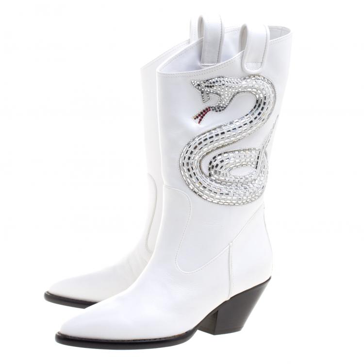 Pre Owned Giuseppe Zanotti White Snake Embellished Leather Guns 55 Cowboy Boots Size 36
