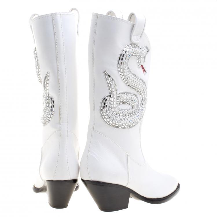 Pre Owned Giuseppe Zanotti White Snake Embellished Leather Guns 55 Cowboy Boots Size 36