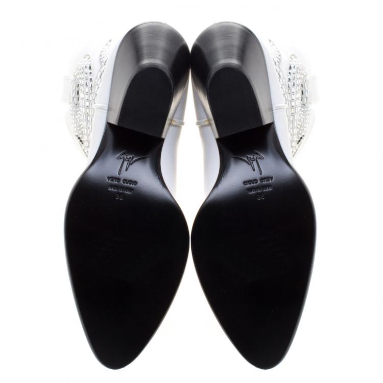 Pre Owned Giuseppe Zanotti White Snake Embellished Leather Guns 55 Cowboy Boots Size 36