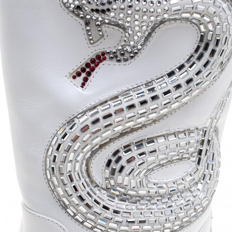 Pre Owned Giuseppe Zanotti White Snake Embellished Leather Guns 55 Cowboy Boots Size 36