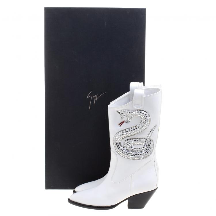 Pre Owned Giuseppe Zanotti White Snake Embellished Leather Guns 55 Cowboy Boots Size 36
