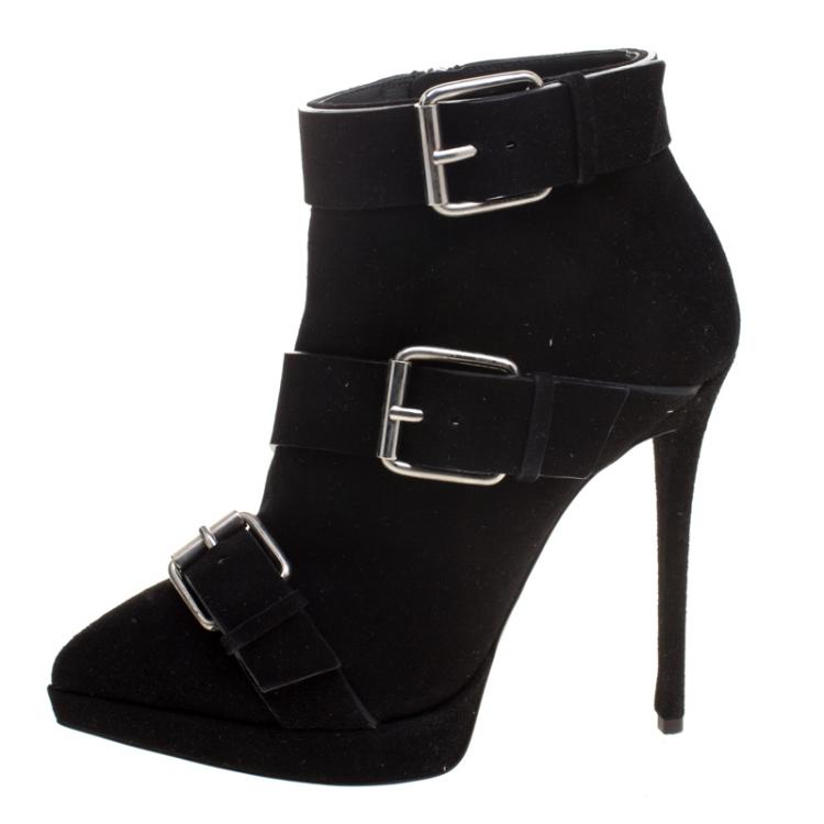 Pre Owned Giuseppe Zanotti Black Buckled Suede Platform Ankle Boots Size 38
