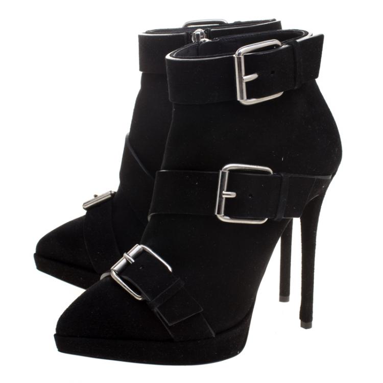 Pre Owned Giuseppe Zanotti Black Buckled Suede Platform Ankle Boots Size 38