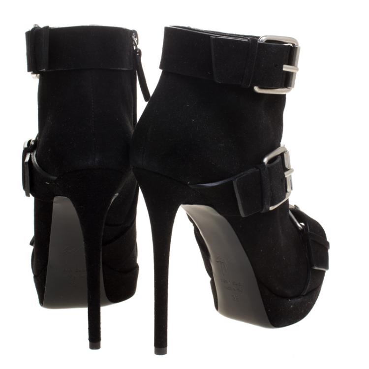 Pre Owned Giuseppe Zanotti Black Buckled Suede Platform Ankle Boots Size 38