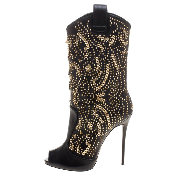 Pre Owned Giuseppe Zanotti Black Studded Leather Coline Peep Toe Mid Calf Boots Size 39