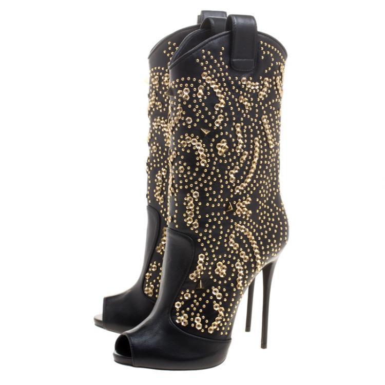 Pre Owned Giuseppe Zanotti Black Studded Leather Coline Peep Toe Mid Calf Boots Size 39
