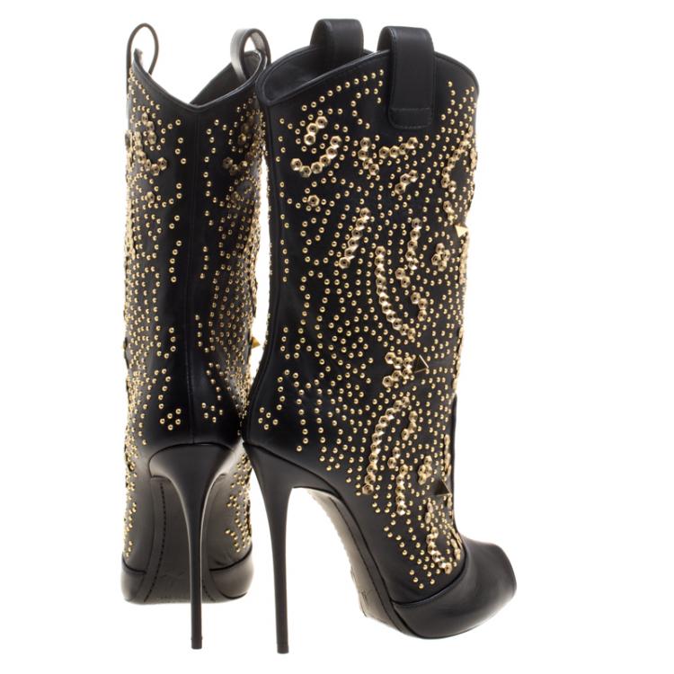 Pre Owned Giuseppe Zanotti Black Studded Leather Coline Peep Toe Mid Calf Boots Size 39