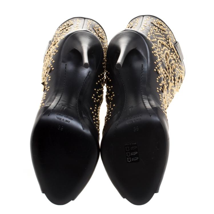 Pre Owned Giuseppe Zanotti Black Studded Leather Coline Peep Toe Mid Calf Boots Size 39