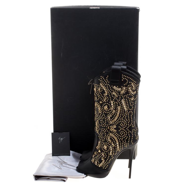 Pre Owned Giuseppe Zanotti Black Studded Leather Coline Peep Toe Mid Calf Boots Size 39