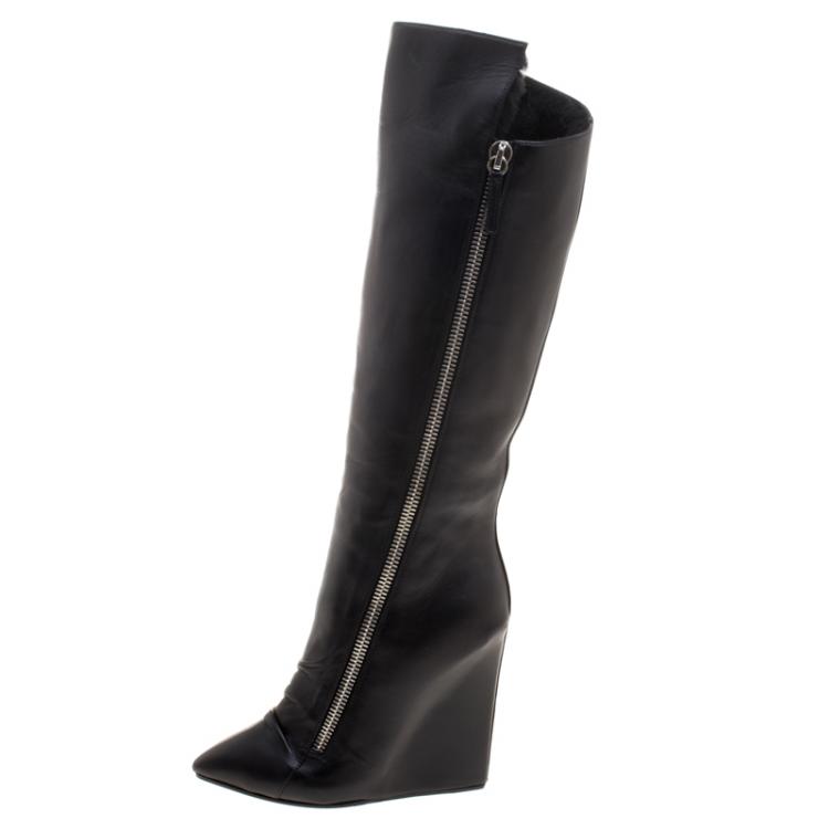 مملوكة مسبقًا Giuseppe Zanotti Black Leather Guaz Fur Lined Wedge Knee Boots Size 38