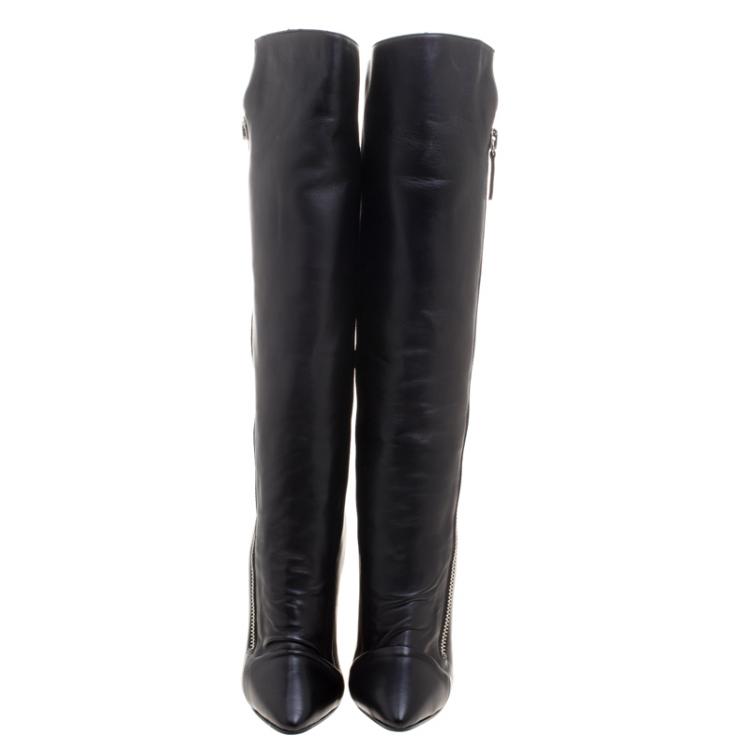 مملوكة مسبقًا Giuseppe Zanotti Black Leather Guaz Fur Lined Wedge Knee Boots Size 38