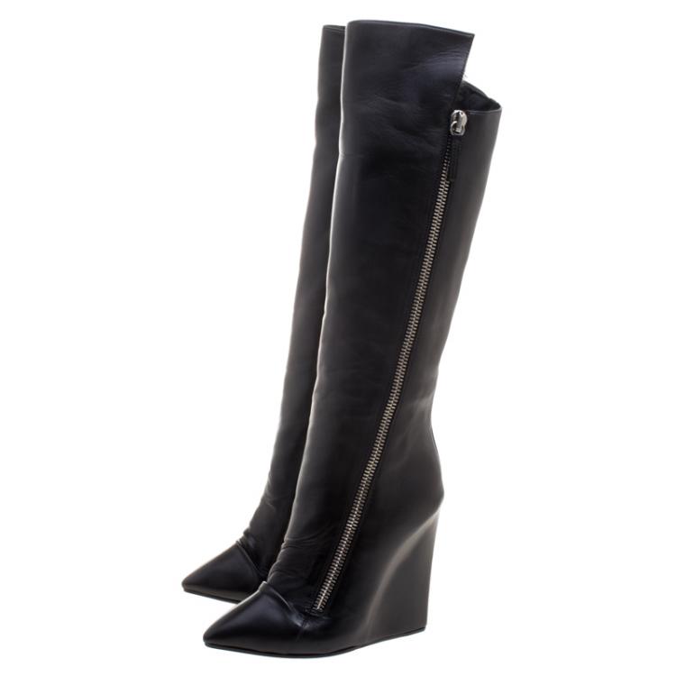 مملوكة مسبقًا Giuseppe Zanotti Black Leather Guaz Fur Lined Wedge Knee Boots Size 38