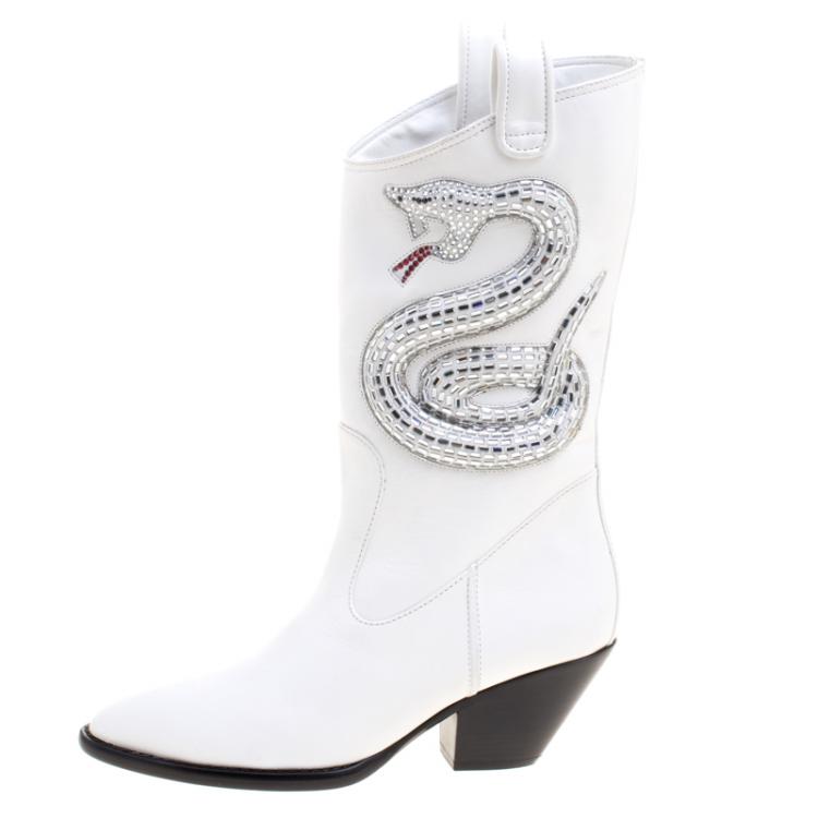 Pre Owned Giuseppe Zanotti White Snake Embellished Leather Guns 55 Cowboy Boots Size 38