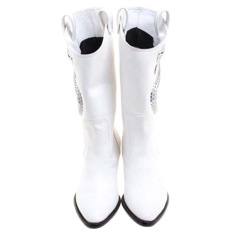 Pre Owned Giuseppe Zanotti White Snake Embellished Leather Guns 55 Cowboy Boots Size 38