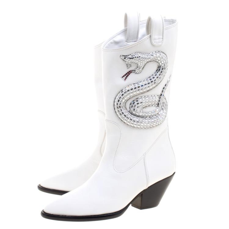 Pre Owned Giuseppe Zanotti White Snake Embellished Leather Guns 55 Cowboy Boots Size 38