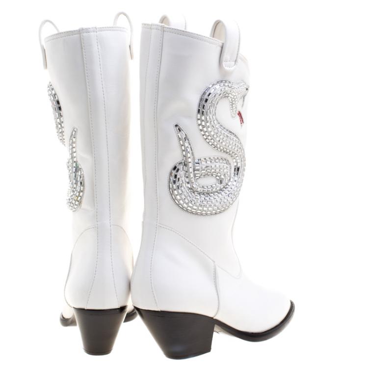 Pre Owned Giuseppe Zanotti White Snake Embellished Leather Guns 55 Cowboy Boots Size 38