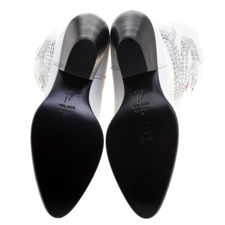 Pre Owned Giuseppe Zanotti White Snake Embellished Leather Guns 55 Cowboy Boots Size 38